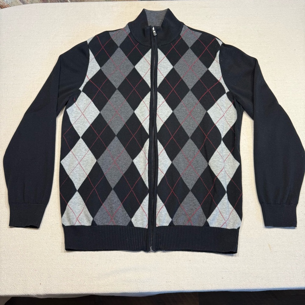 Club Room Black and Gray Zip Up Sweater - Size Large